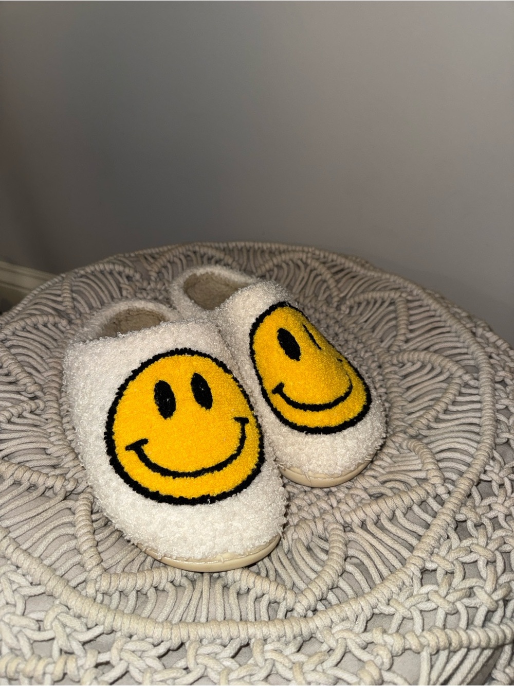 Cozy White Sherpa Slippers with Yellow Smiley Face